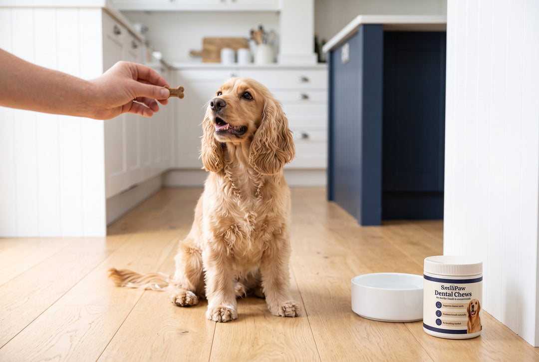 Cocker Spaniel waiting for a dental chew next to a SmiliPaw jar