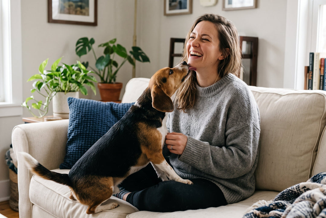 Woman laughing as her Beagle tries to lick her face on the couch