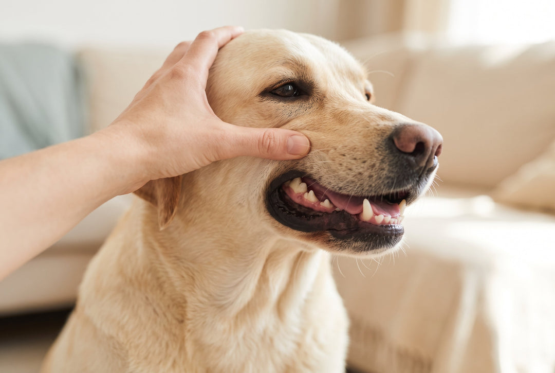 Owner checking a Labrador's teeth and gums