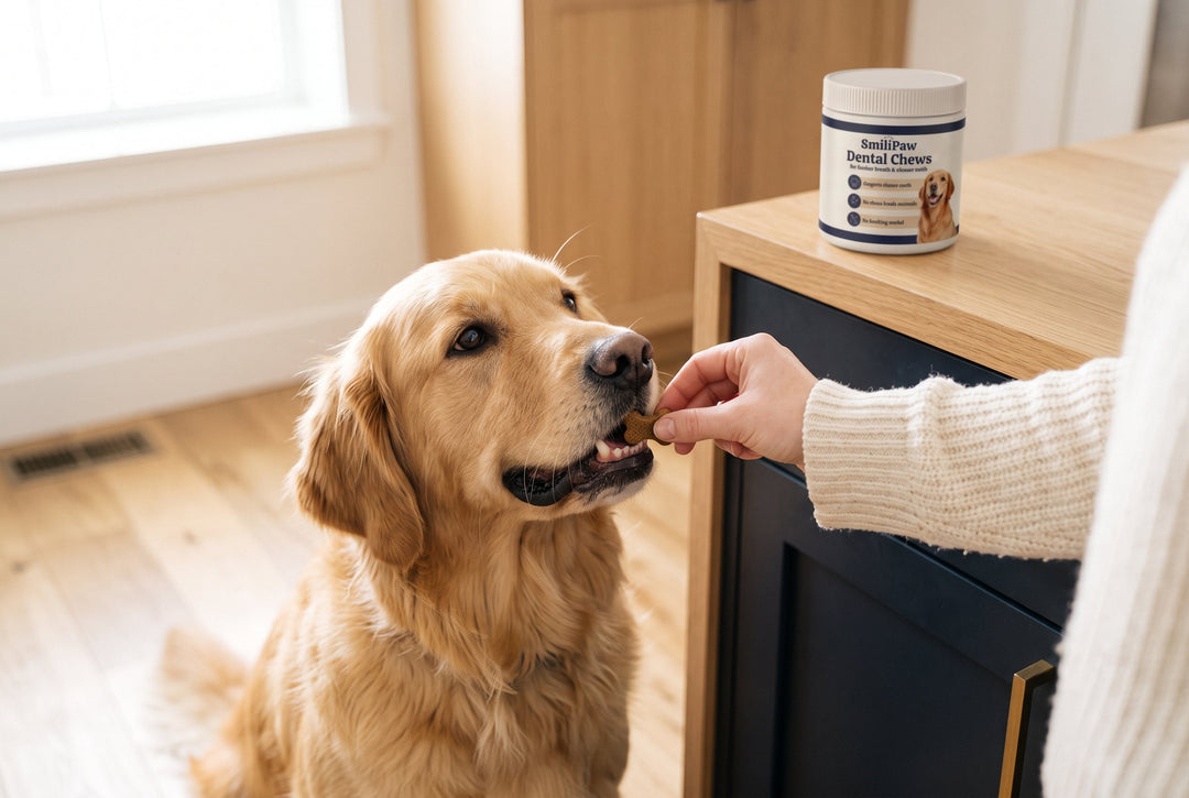Golden Retriever taking a SmiliPaw dental chew from its owner's hand