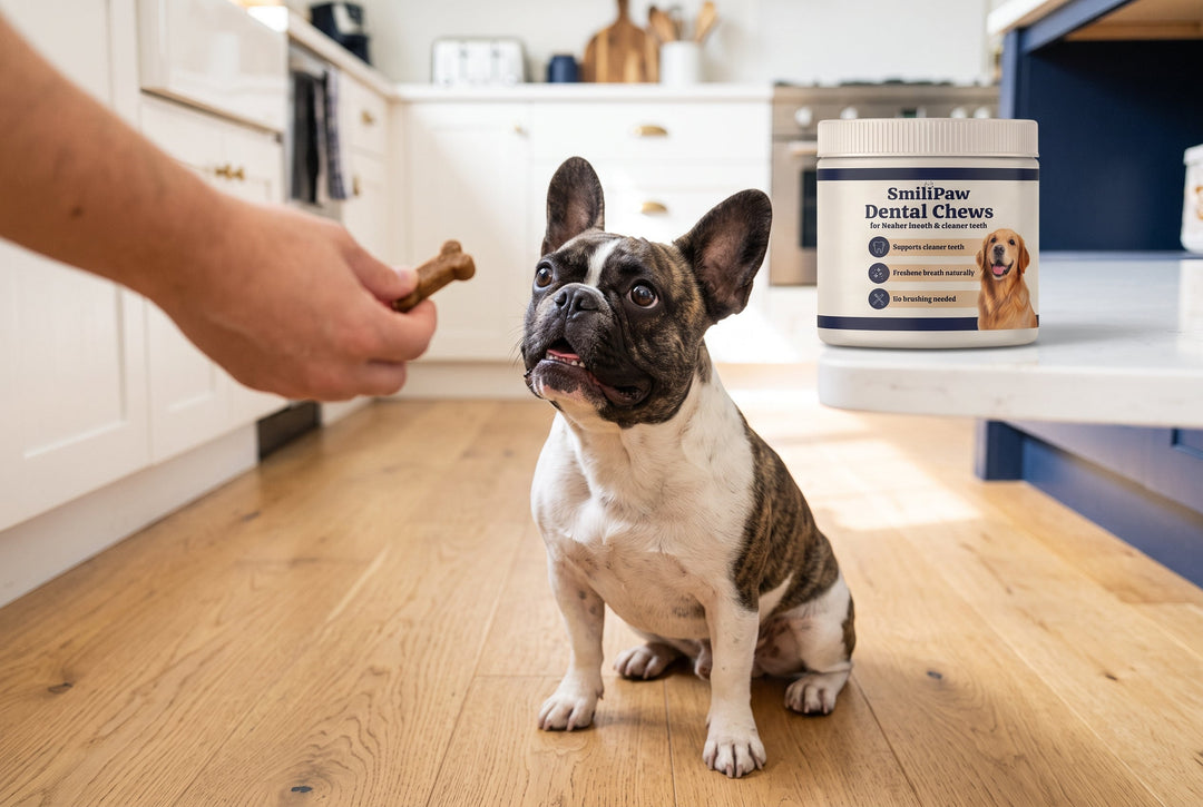 French Bulldog waiting for a SmiliPaw dental chew in the kitchen